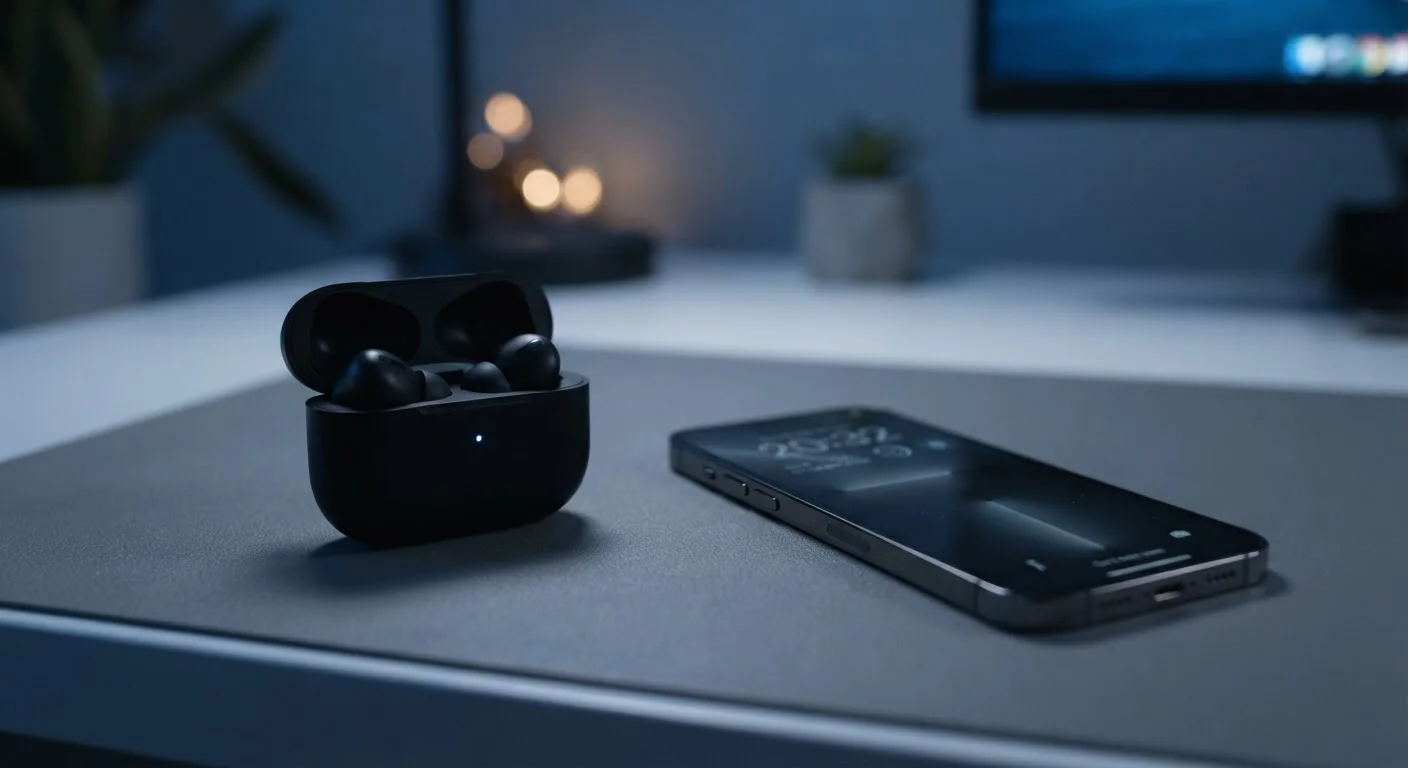 Wireless Bluetooth earbuds resting next to a smartphone on a minimalist desk