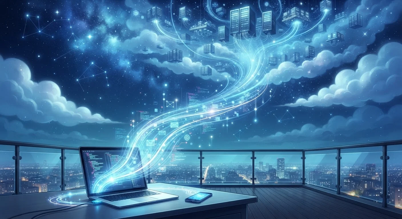 Data streams flowing from devices upward into a cloud-filled sky representing cloud storage infrastructure
