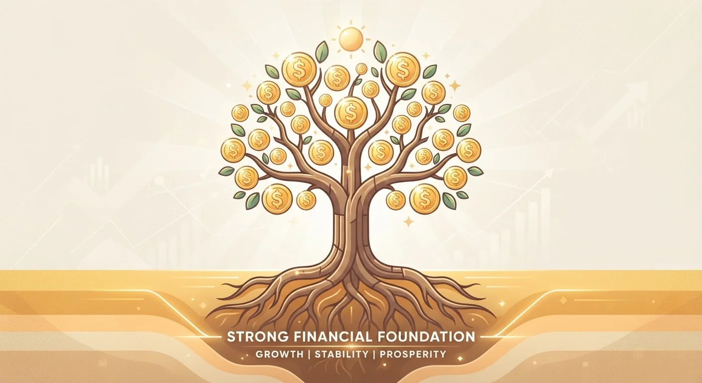 A stylized tree with coins in its branches symbolizing compound interest and long-term wealth growth