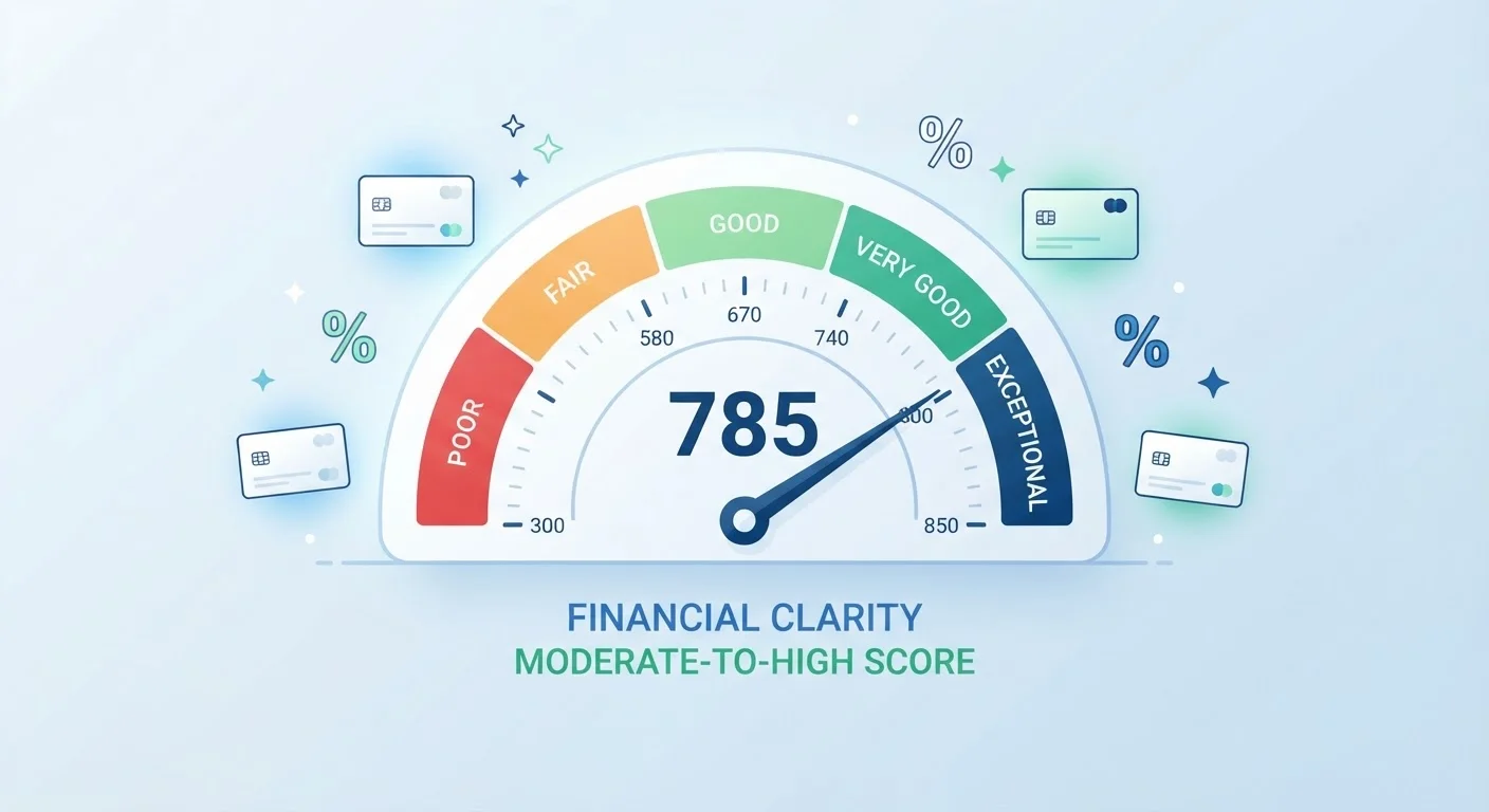 Credit score gauge dial surrounded by credit card icons and percentage symbols on a clean background