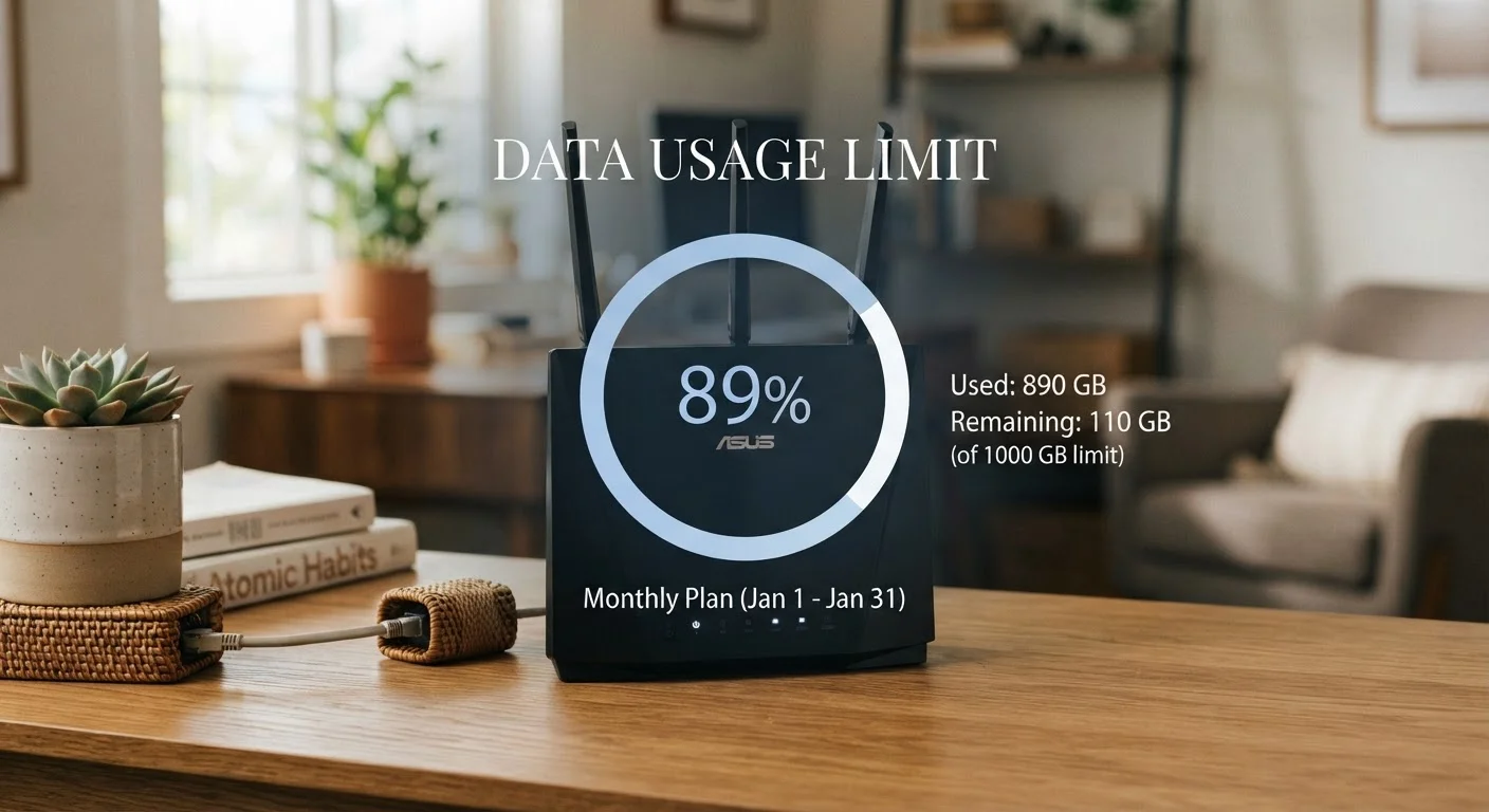 Home router on a desk with a digital data usage meter graphic showing usage near its limit