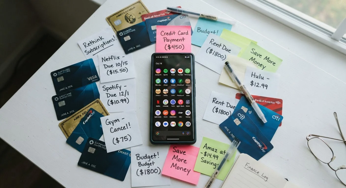 Smartphone with multiple app subscription icons surrounded by credit cards and billing notes on a desk.