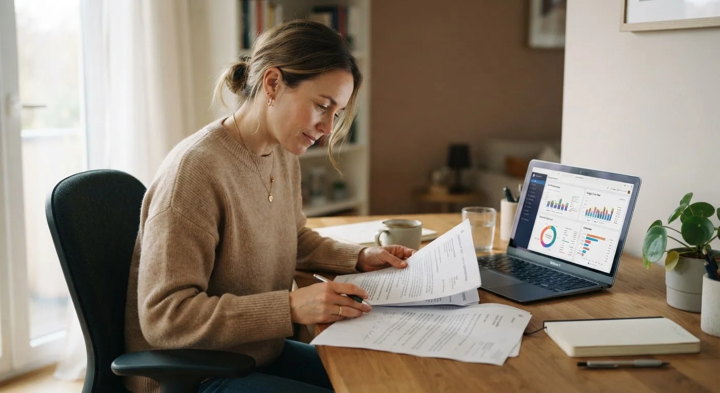 Person reviewing credit report documents at a desk with a laptop open