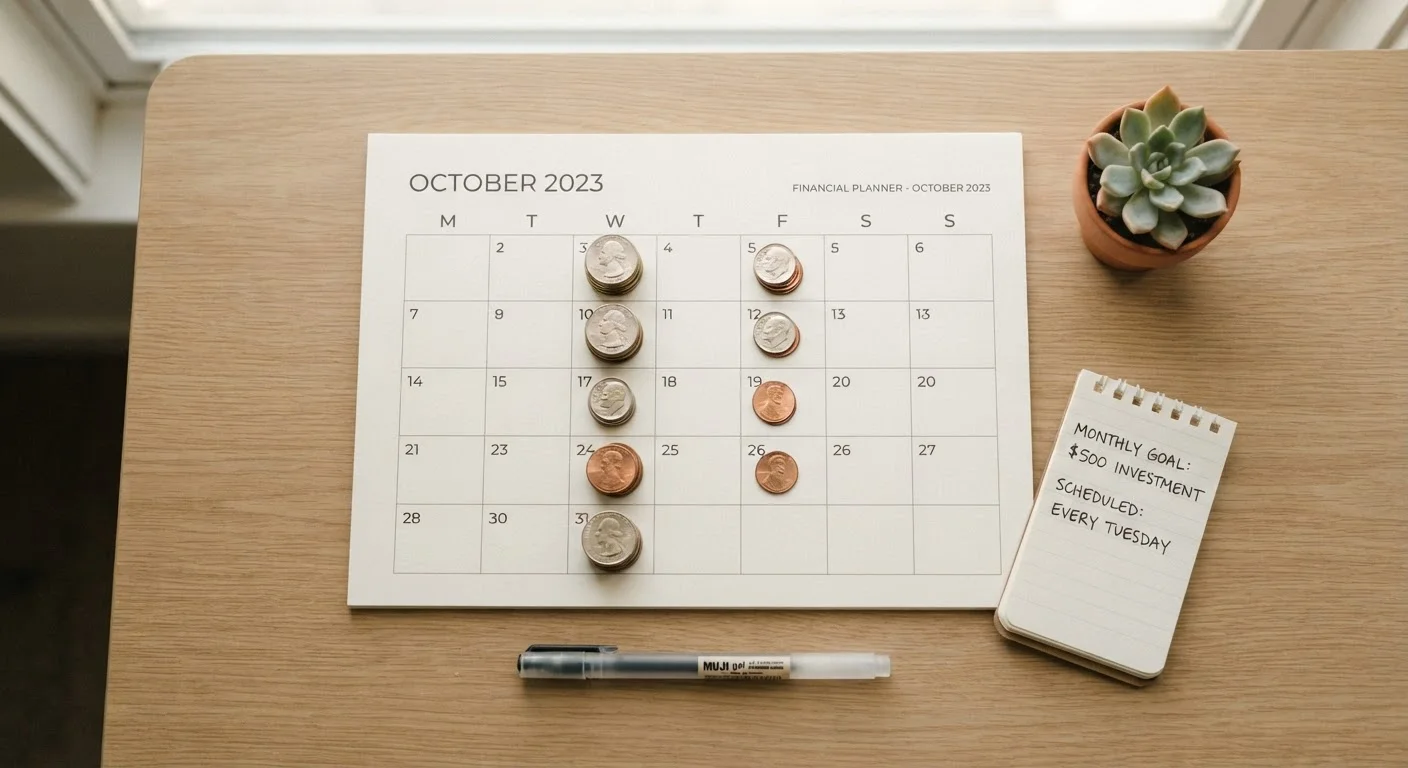 A calendar with small stacks of coins placed on recurring dates representing dollar-cost averaging