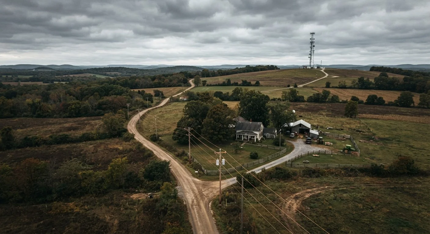 Rural farmhouse with telephone poles and a fixed wireless tower visible in the distance