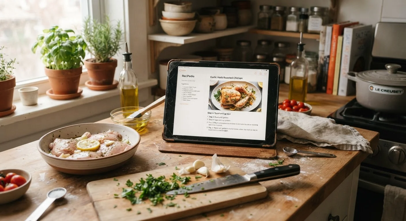 An old tablet displaying a recipe on a kitchen counter surrounded by fresh ingredients.