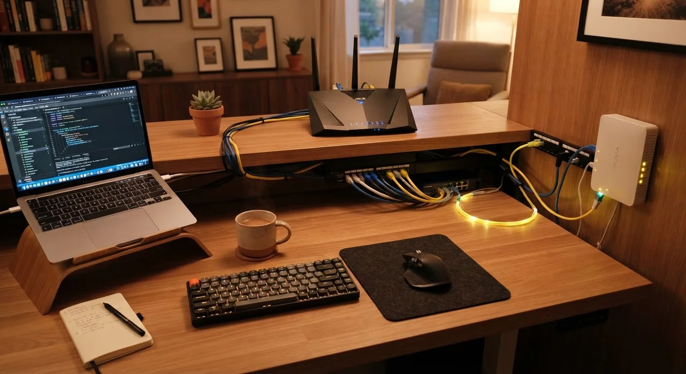 Home office desk with a wireless router, ethernet cables, and soft ambient lighting representing home internet connectivity