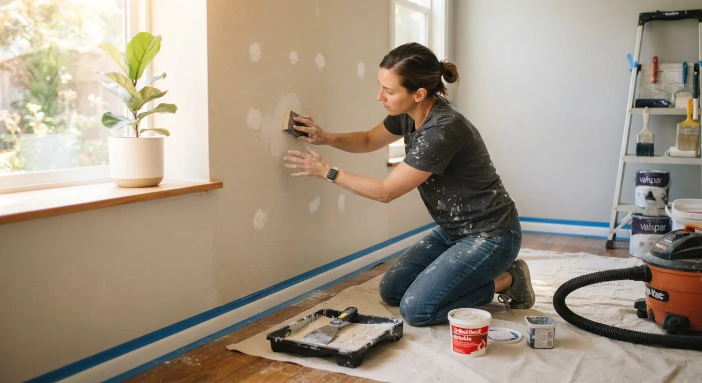 Homeowner applying spackle to a wall during interior paint preparation before painting