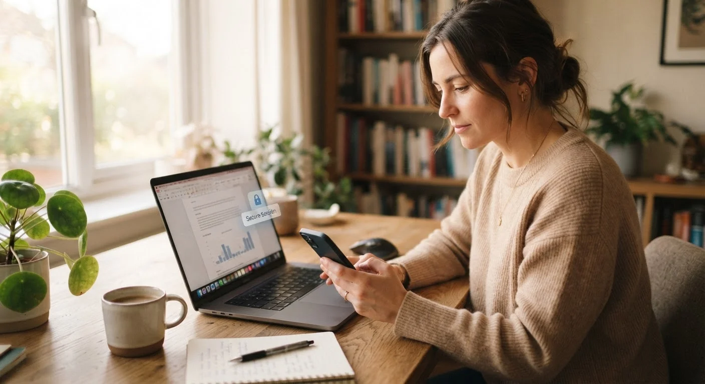 Person using a smartphone and laptop at a desk with a digital security concept overlay