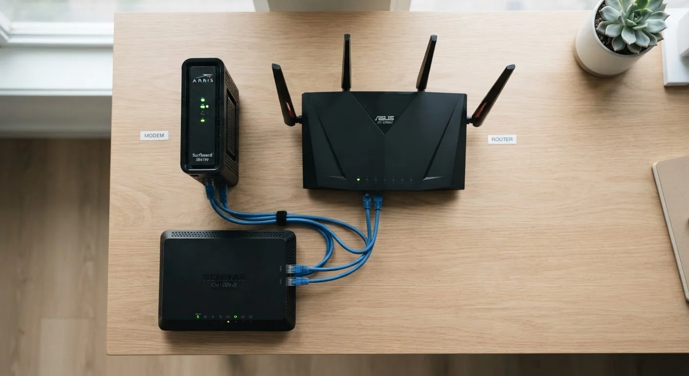 A modem, wireless router, and gateway device arranged on a desk with ethernet cables