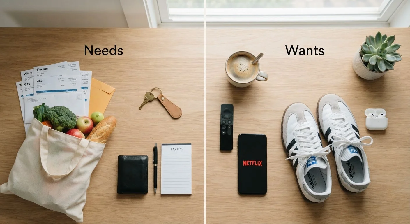 Desk split between essential budget items and discretionary want purchases side by side