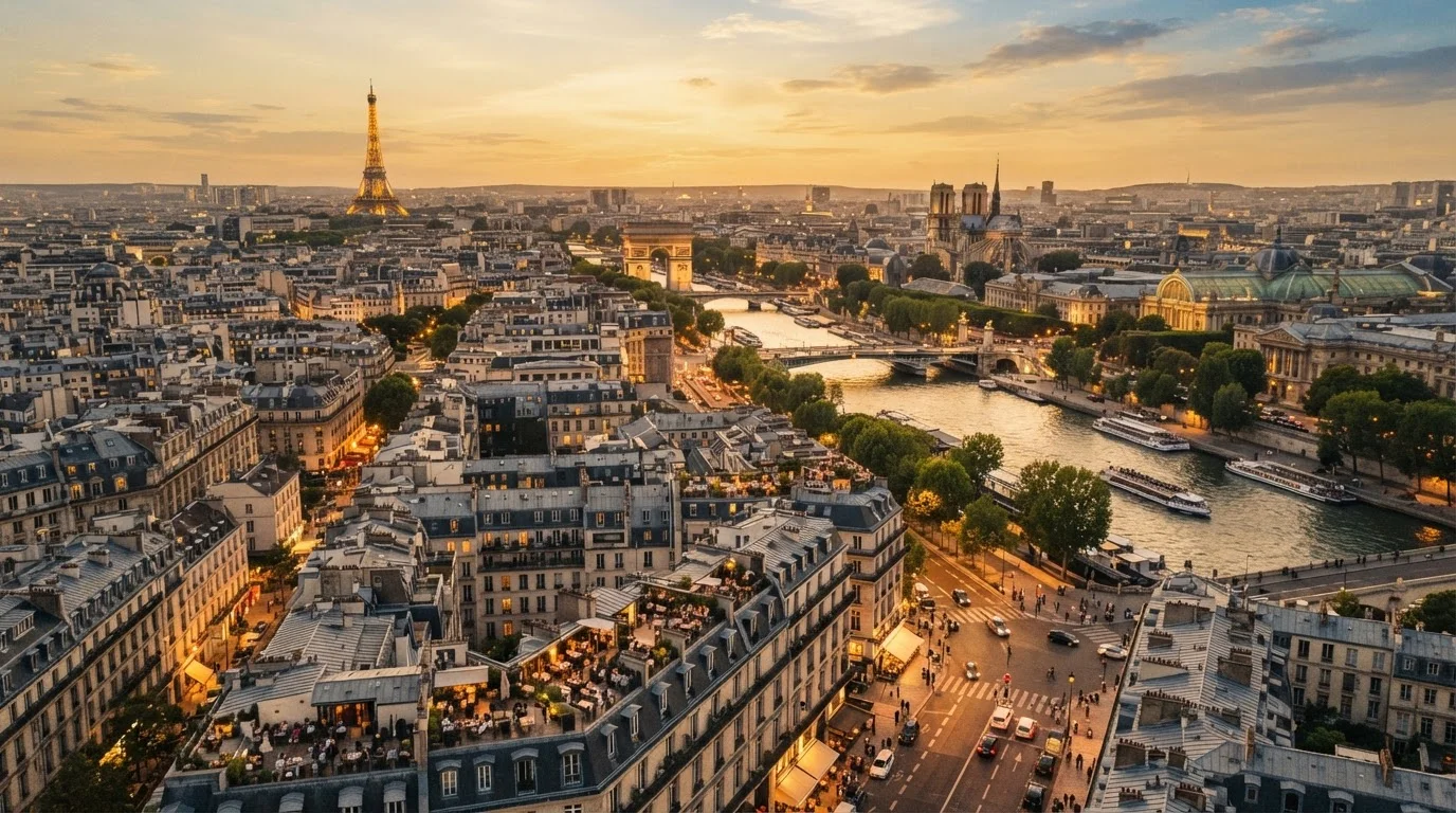 Aerial view of Paris at golden hour with Haussmann boulevards, the Seine river, and rooftop terraces