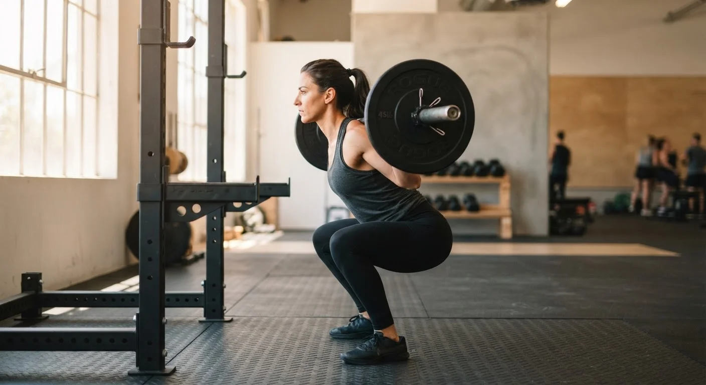 Person performing a weighted barbell squat in a gym demonstrating progressive overload training