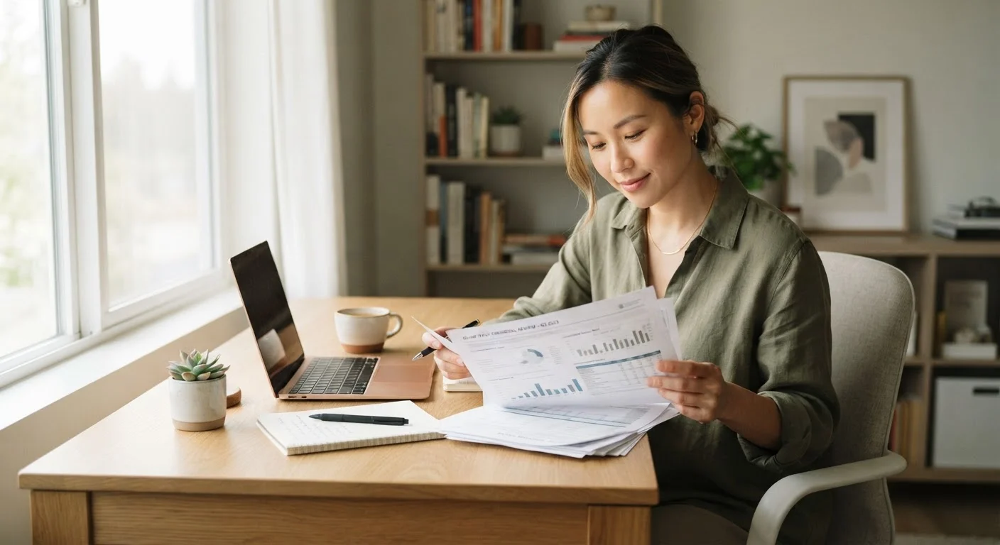 Person calmly reviewing a multi-page credit report document at a tidy desk