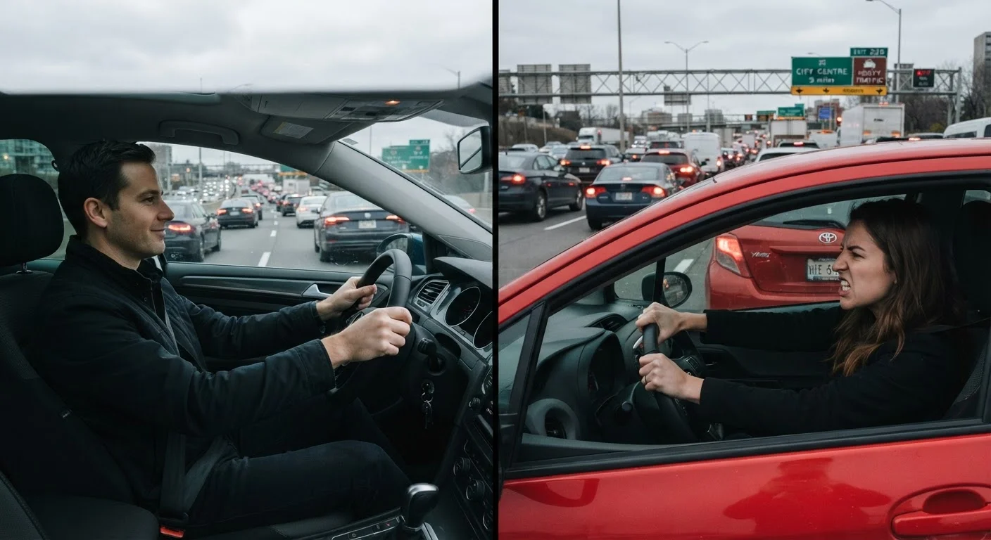 Two drivers on a congested highway, one calm and focused, the other visibly frustrated.