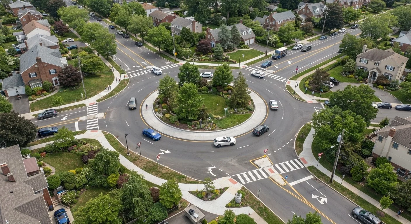 Aerial view of a roundabout intersection with cars traveling in circular flow pattern