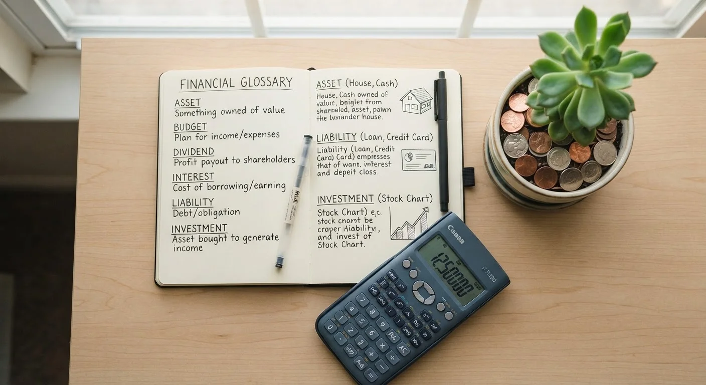 Open notebook with financial terms written beside a calculator and coins with a small plant