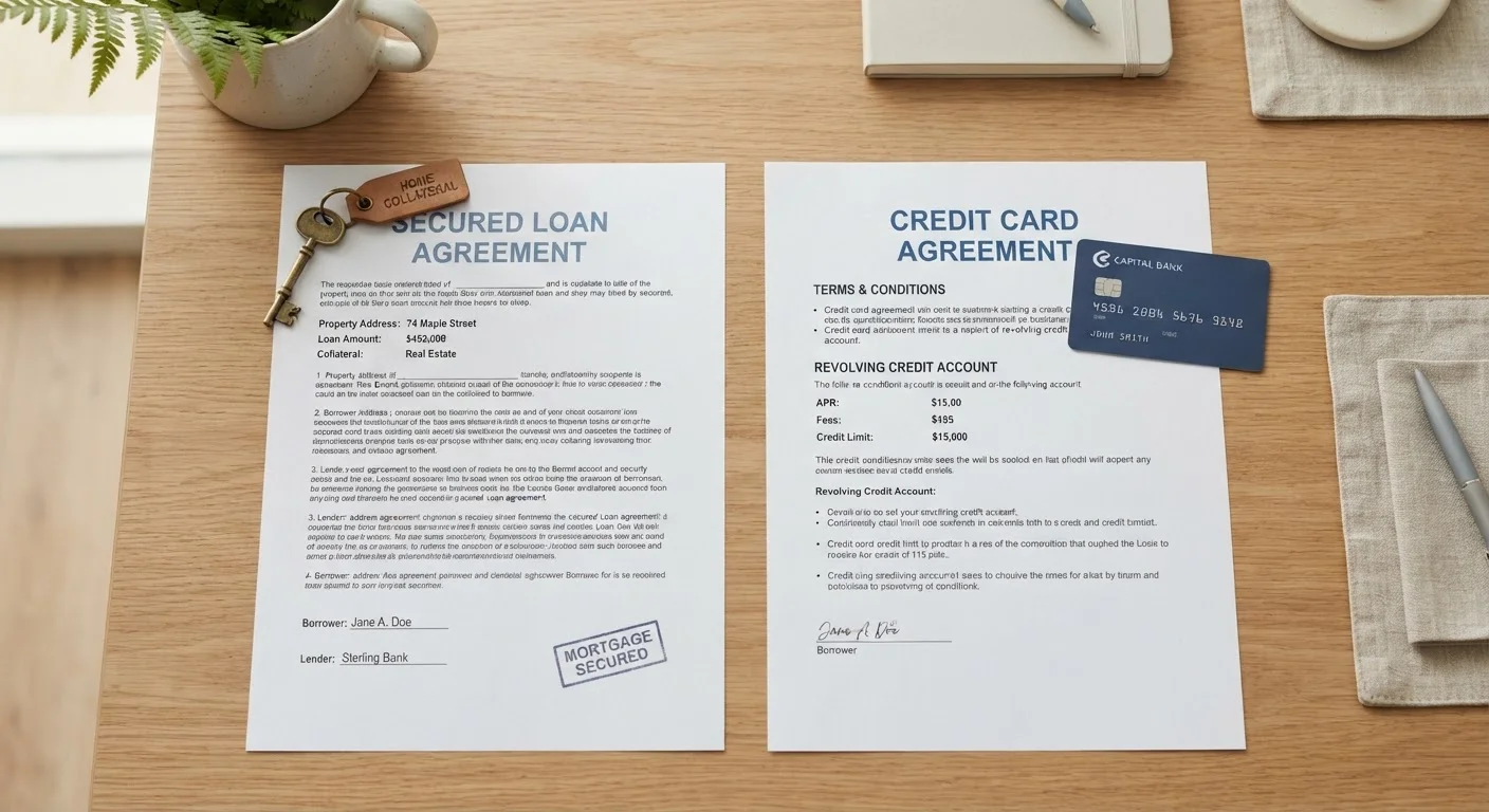 A property key and a credit card placed side by side on a desk, representing secured and unsecured debt.