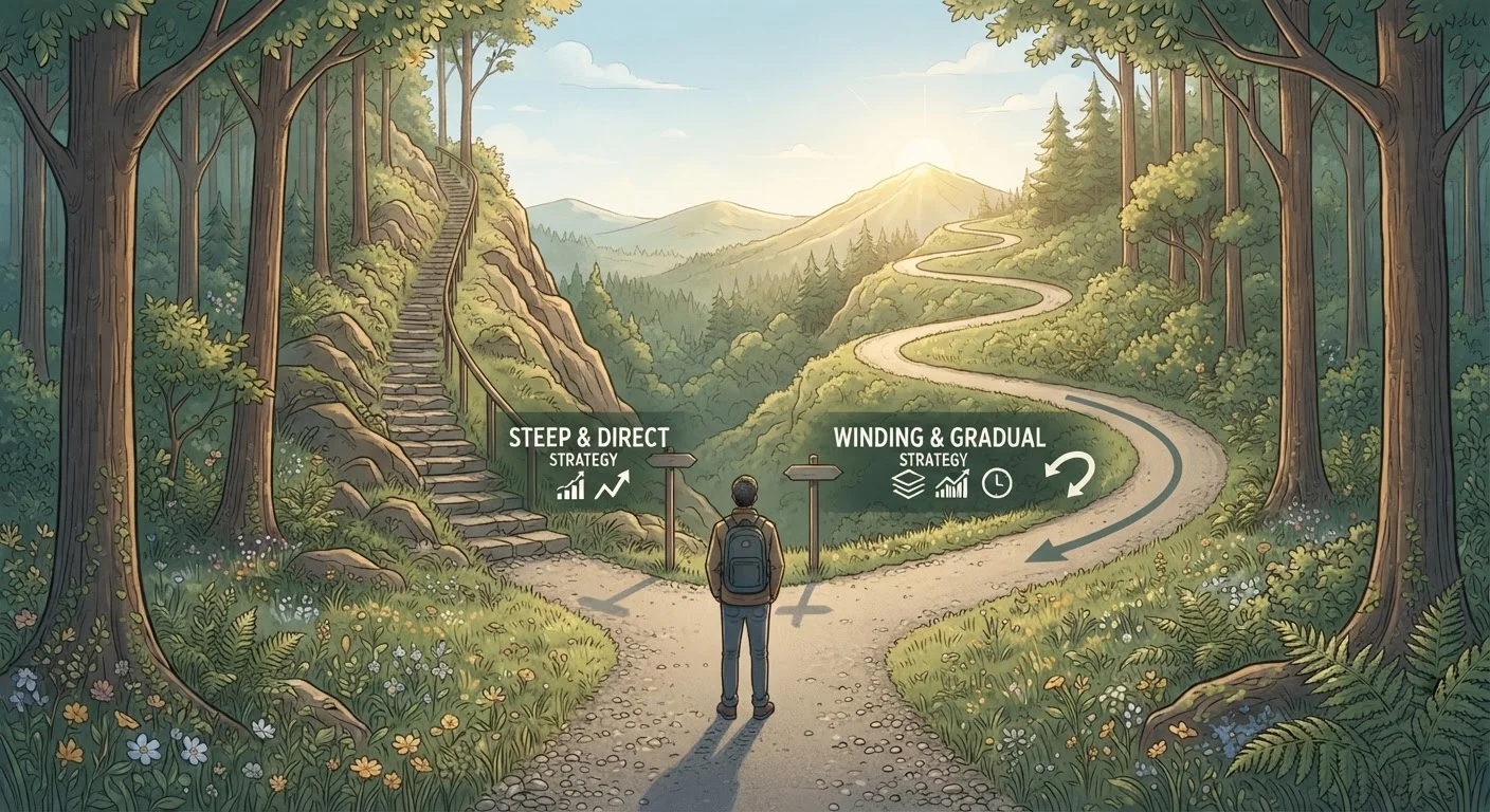 Two diverging paths through a forest symbolizing different debt payoff strategy choices
