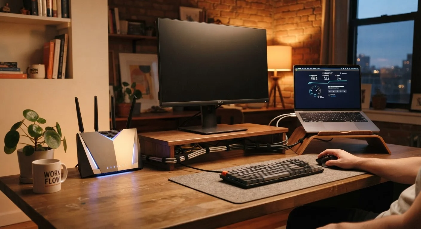 A home office desk with a wireless router, ethernet cable, and open laptop displaying a network speed test.