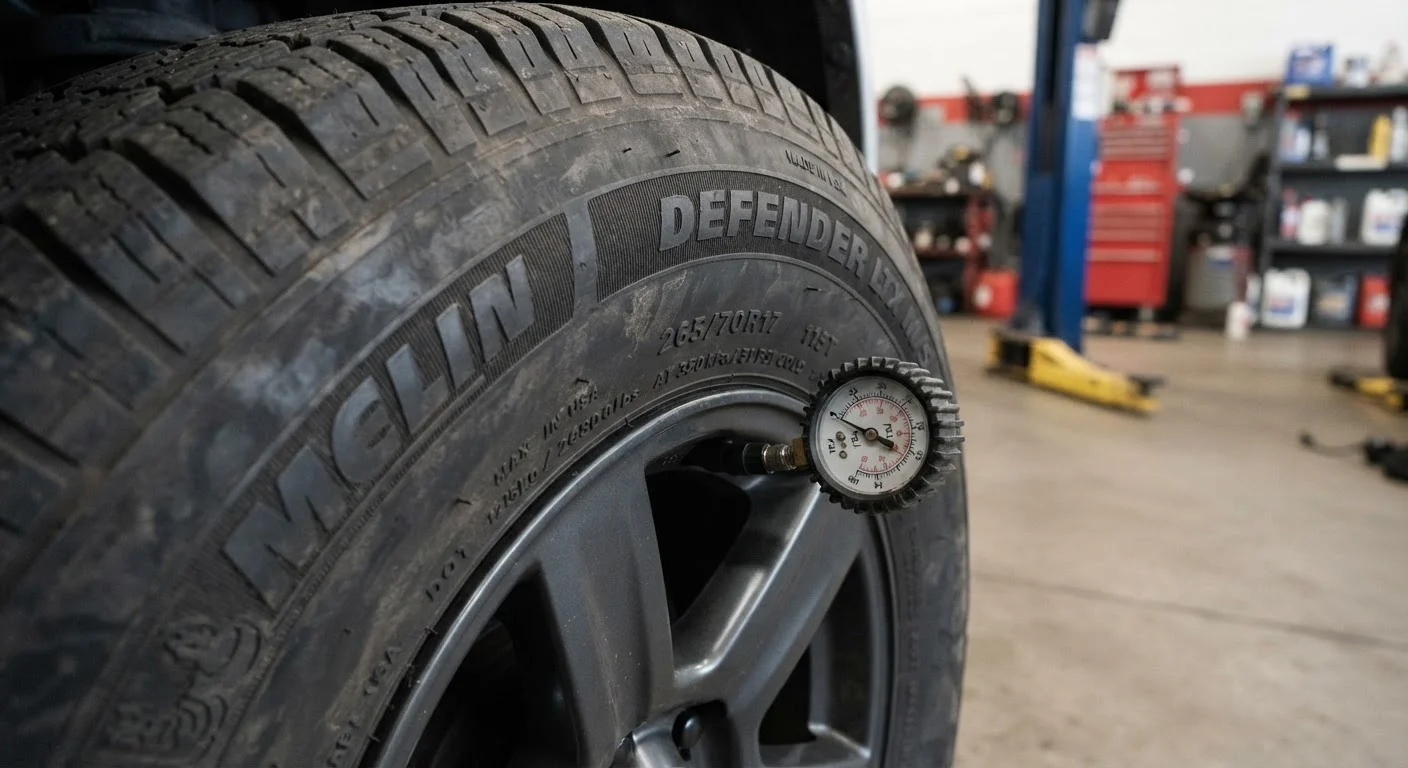 A tire pressure gauge pressed against a car tire valve stem in a garage setting