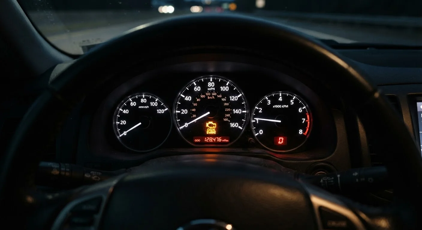 Orange check engine warning light illuminated on a car dashboard at night