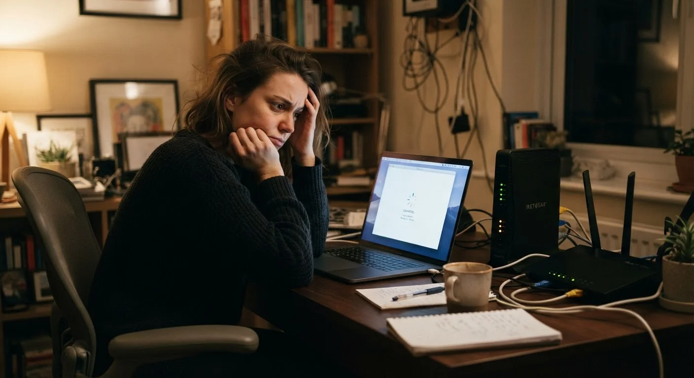 Person frustrated with slow home internet while working at a desk with a visible router