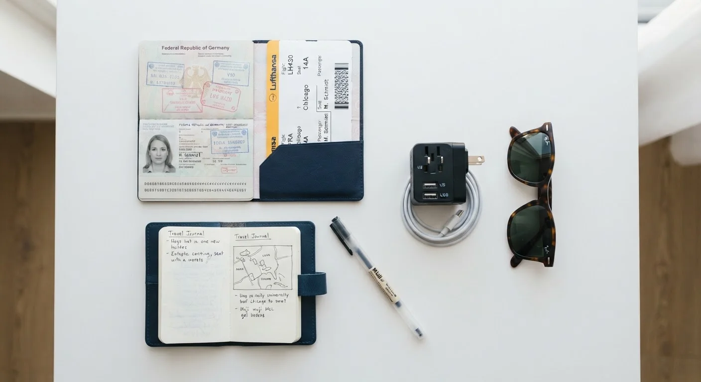 Flat-lay of travel essentials including passport, boarding pass, notebook, and sunglasses on white surface.
