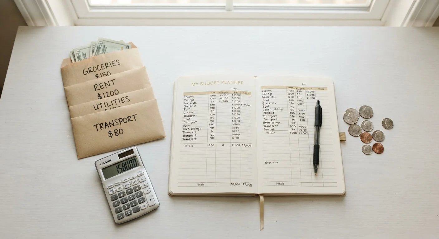 Budget planner notebook, labeled envelopes, calculator, and coins arranged on a white desk